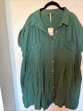 Free People Forest Green Button-Down Gauze Shirt